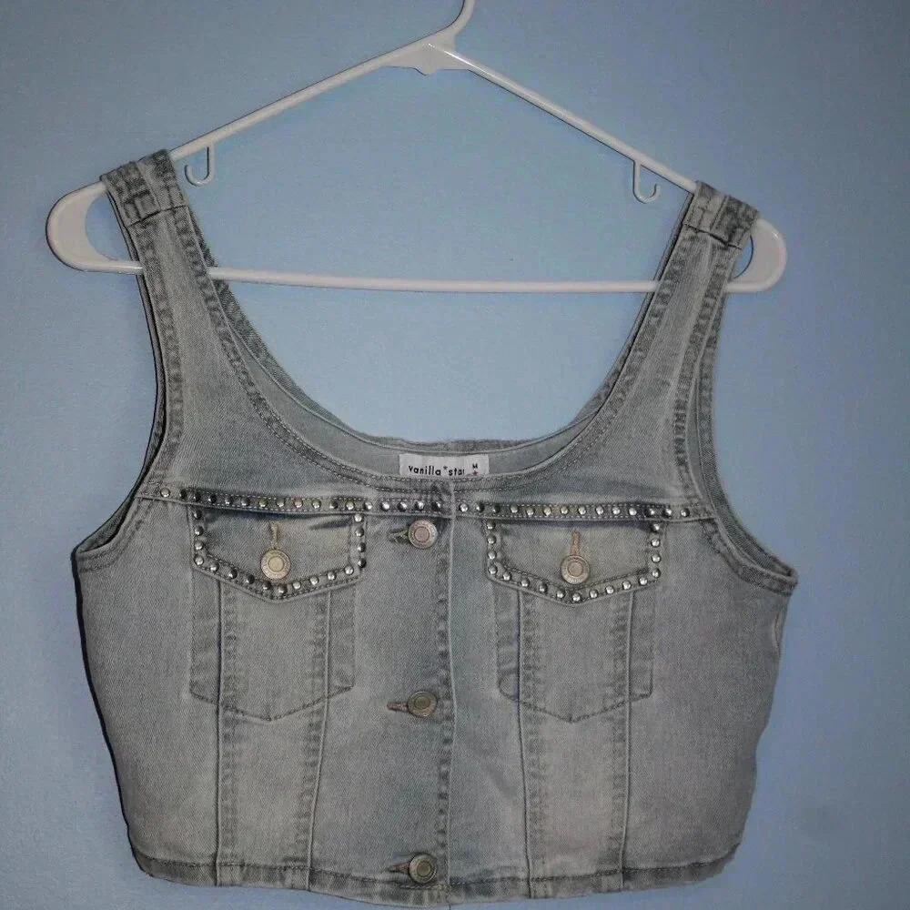 Vanilla Star NWOT Button Front Cropped Jean Tank Top Size Medium